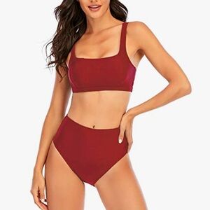 NWT Women's Burgundy Red Bikini Set High Waisted Cheeky Brief 
Size XL
